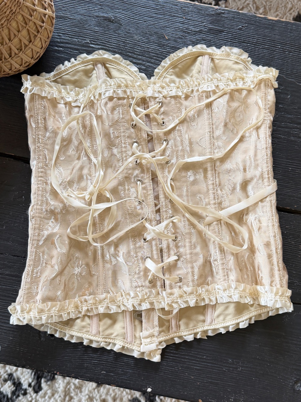 Ivory Lace-Up Brocade Corset Bustier Satin Top L NWOT - Picture 12 of 16